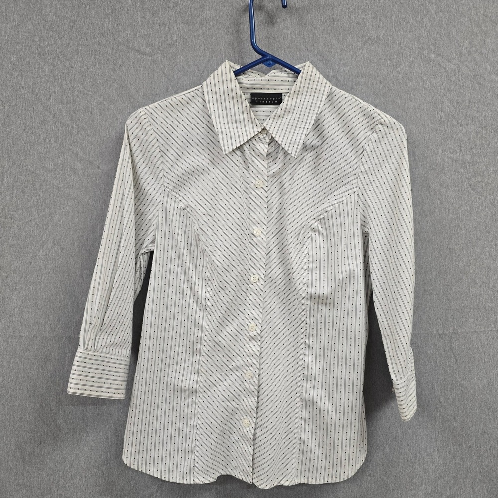 Apostrophe Stretch Womens 3/4 Sleeve Button Down Shirt Striped Dot White Black S